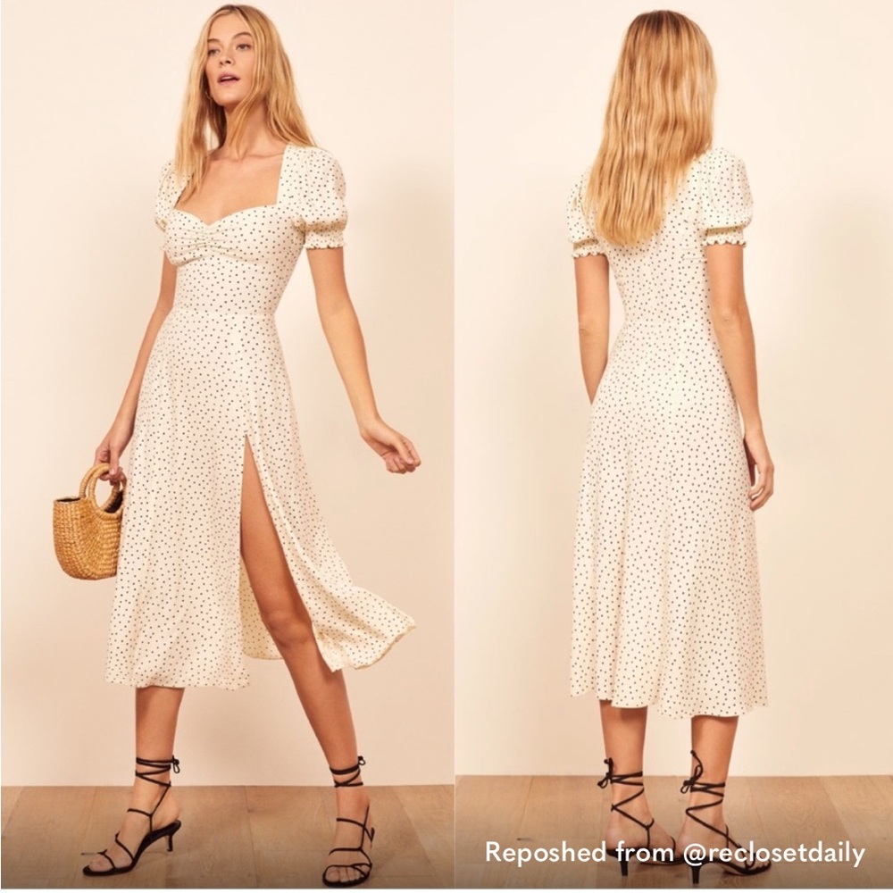 Reformation Cream Ruched Midi Sundress